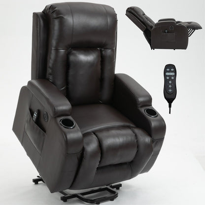 Fauteuil inclinable électrique noir avec massage par vibrations, chauffage lombaire, port USB et porte-gobelets pour personnes âgées