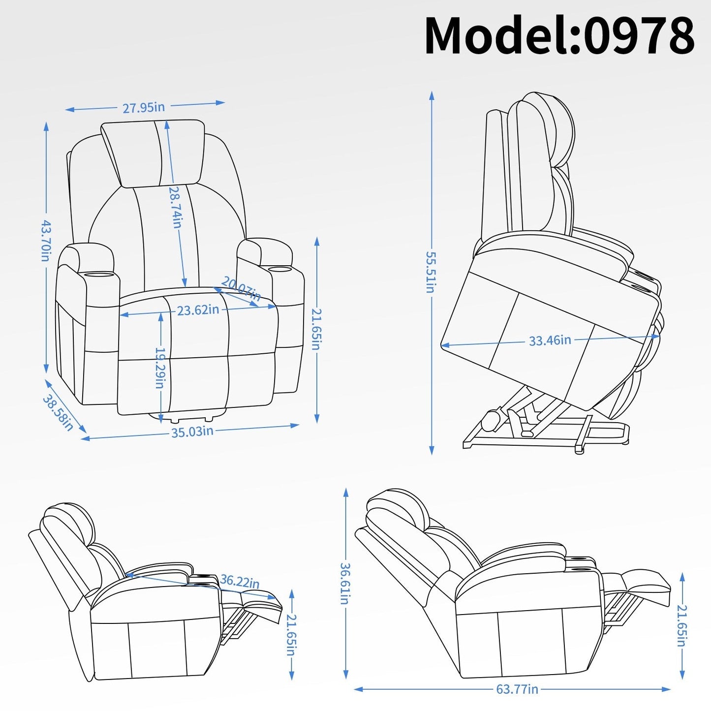 Fauteuil inclinable électrique noir avec massage par vibrations, chauffage lombaire et porte-gobelets
