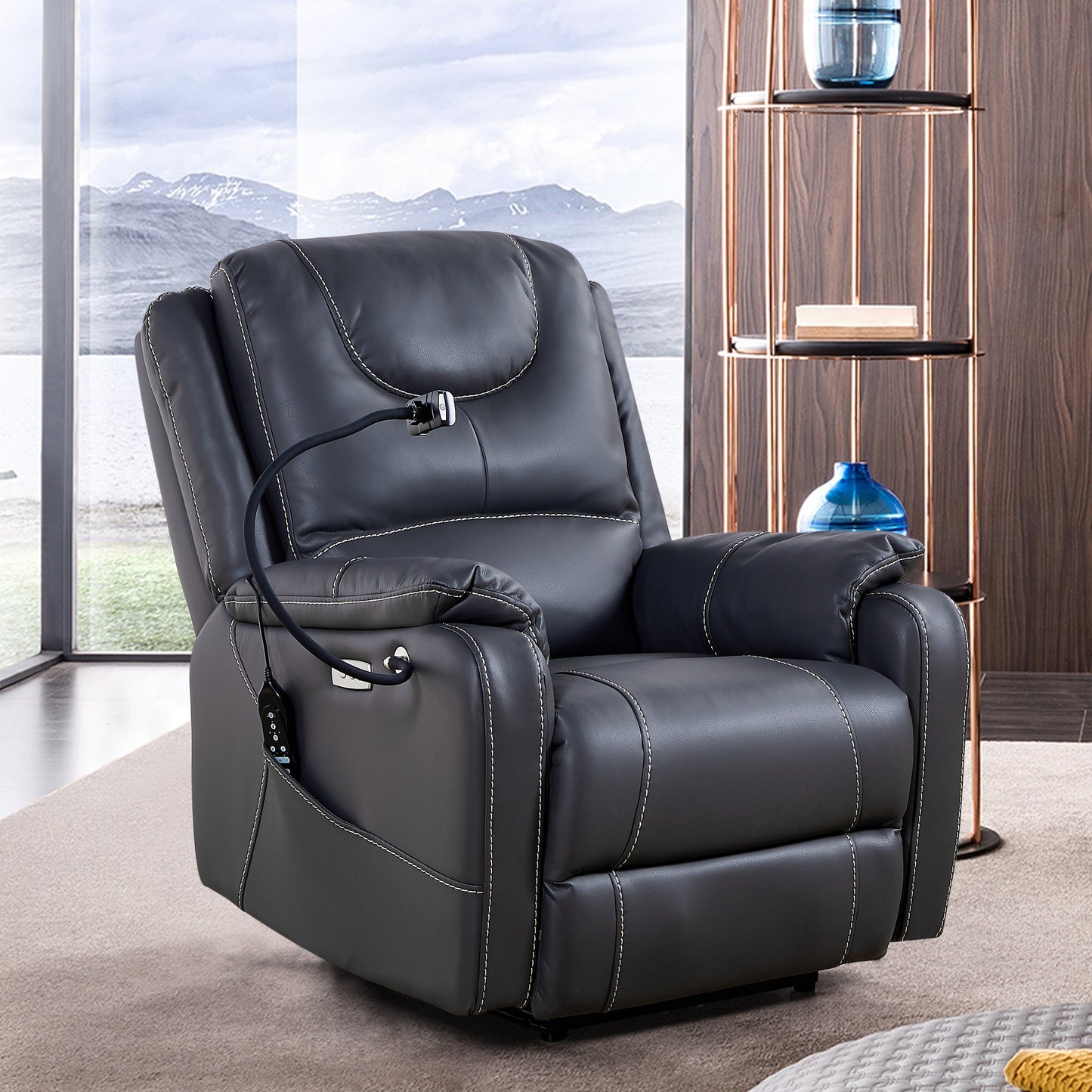 Fauteuil inclinable électrique noir avec inclinaison à 139°, massage, chauffage, moteur OKIN, ports USB, support de téléphone et rangement latéral