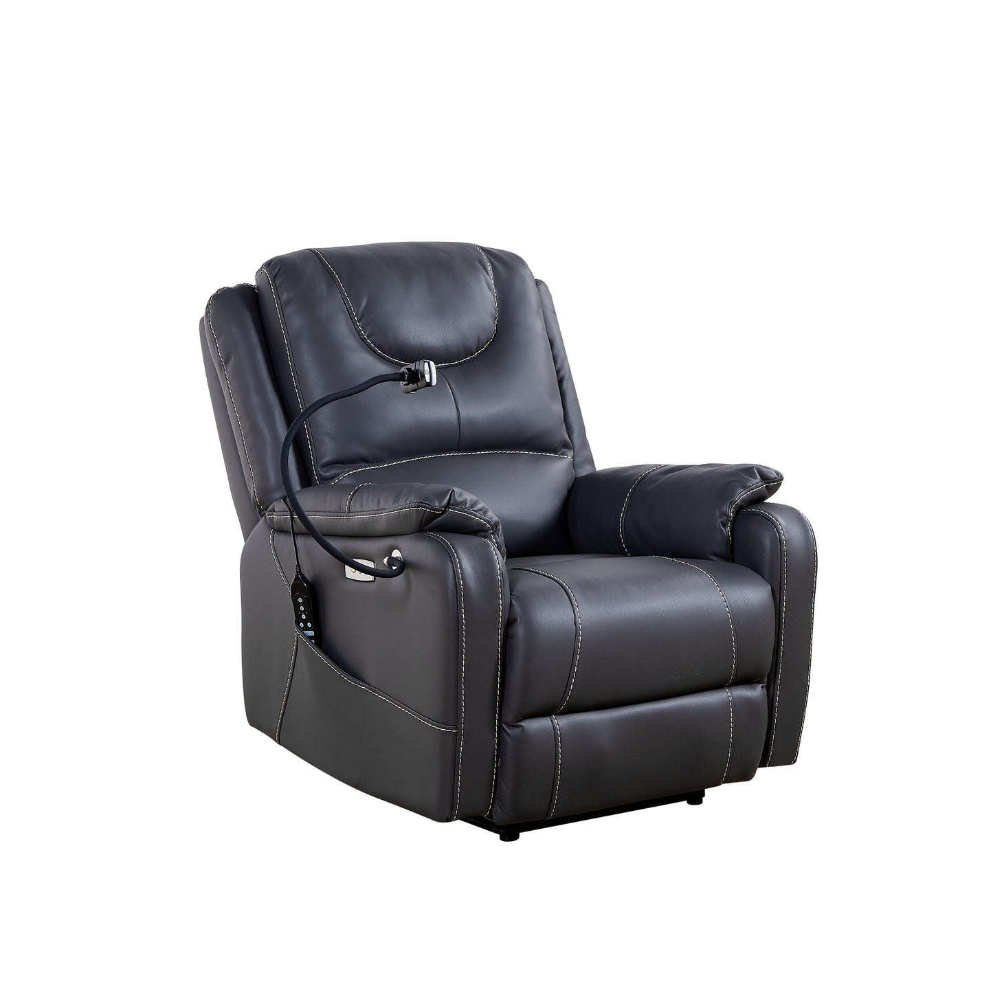 Fauteuil inclinable électrique noir avec angle d'inclinaison de 139°, massage et chauffage, ports USB, support de téléphone et rangement latéral