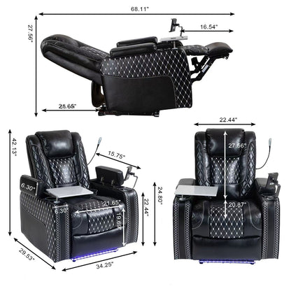 Fauteuil inclinable zéro gravité noir avec accoudoir de rangement, porte-gobelet, table pour ordinateur portable, support pour téléphone, lampe de lecture et port USB