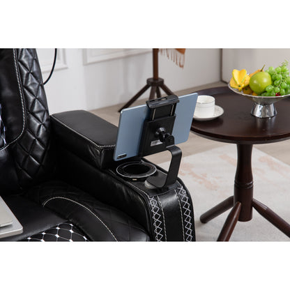 Fauteuil inclinable zéro gravité noir avec accoudoir de rangement, porte-gobelet, table pour ordinateur portable, support pour téléphone, lampe de lecture et port USB