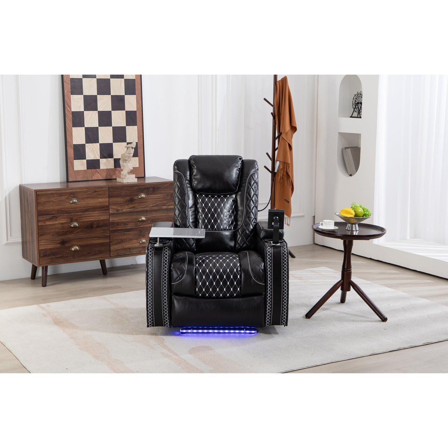 Fauteuil inclinable zéro gravité noir avec accoudoir de rangement, porte-gobelet, table pour ordinateur portable, support pour téléphone, lampe de lecture et port USB