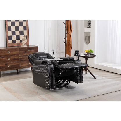Fauteuil inclinable zéro gravité noir avec accoudoir de rangement, porte-gobelet, table pour ordinateur portable, support pour téléphone, lampe de lecture et port USB