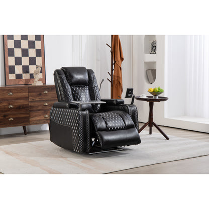 Fauteuil inclinable zéro gravité noir avec accoudoir de rangement, porte-gobelet, table pour ordinateur portable, support pour téléphone, lampe de lecture et port USB