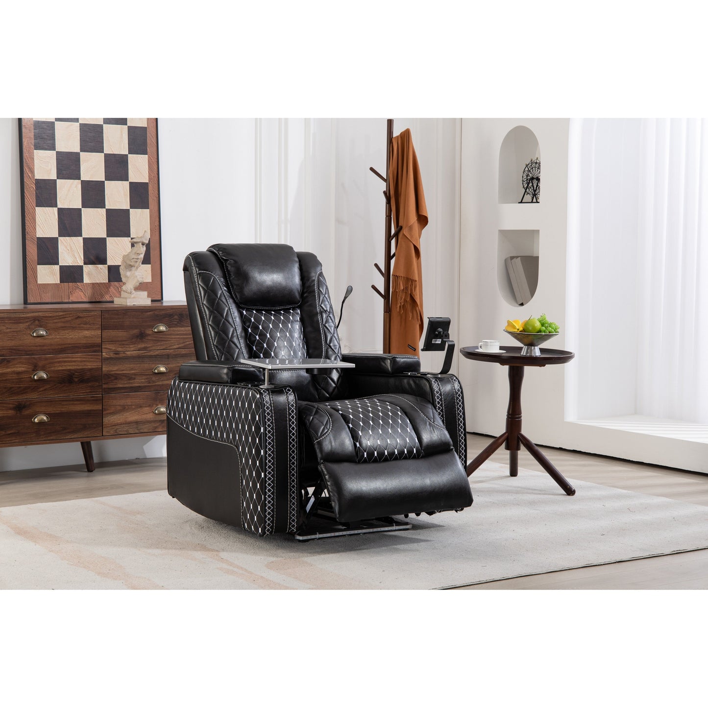 Fauteuil inclinable zéro gravité noir avec accoudoir de rangement, porte-gobelet, table pour ordinateur portable, support pour téléphone, lampe de lecture et port USB