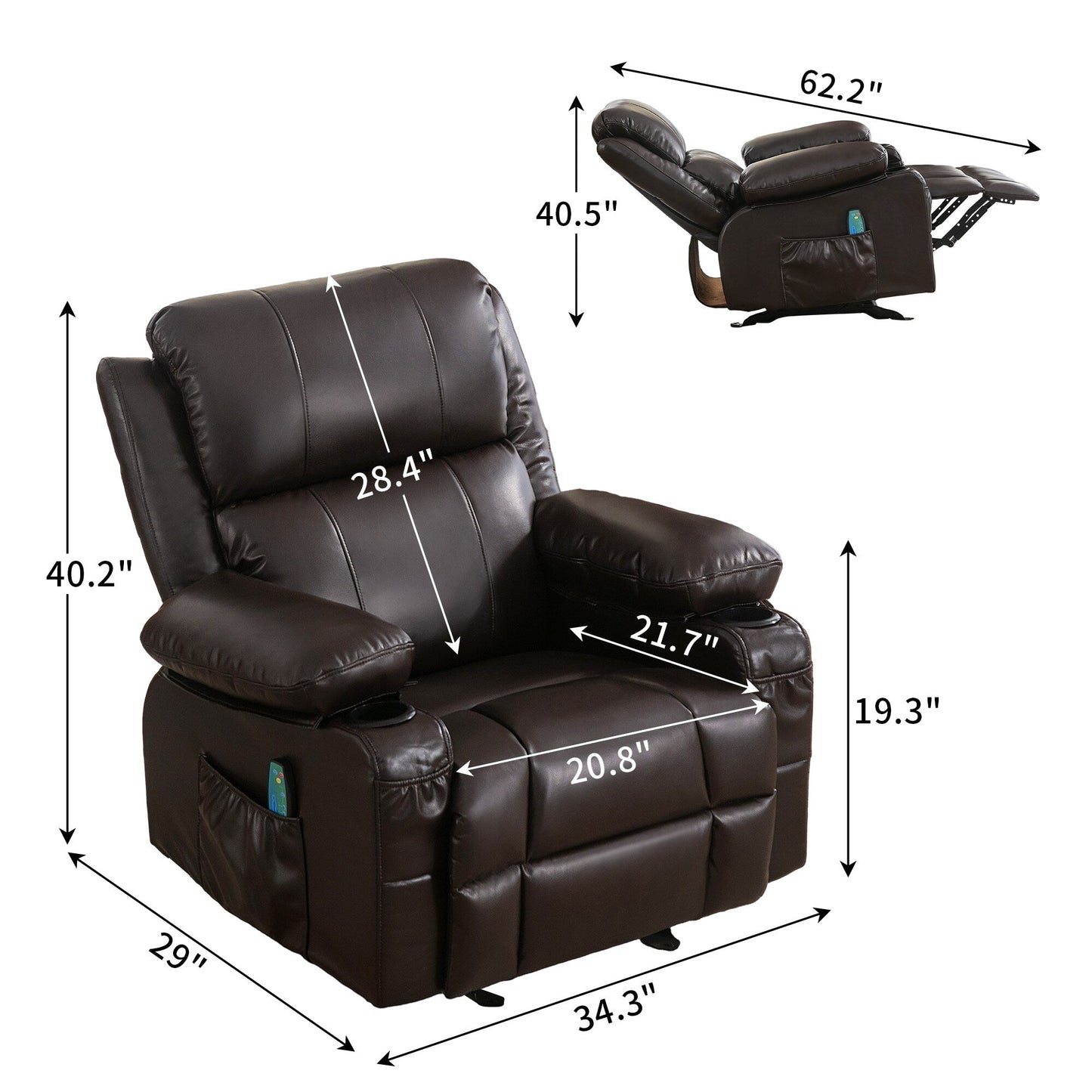 Fauteuil inclinable à bascule noir avec chargement USB, massage, chauffage et porte-gobelets pour un confort ultime