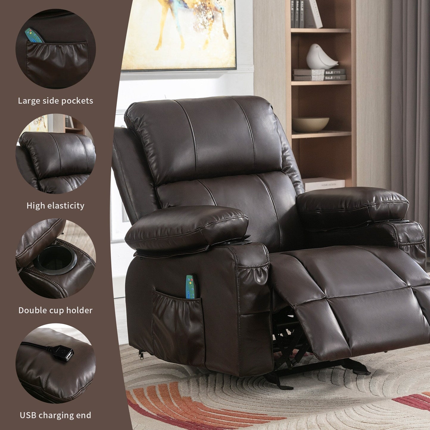 Fauteuil inclinable à bascule noir avec chargement USB, massage, chauffage et porte-gobelets pour un confort ultime