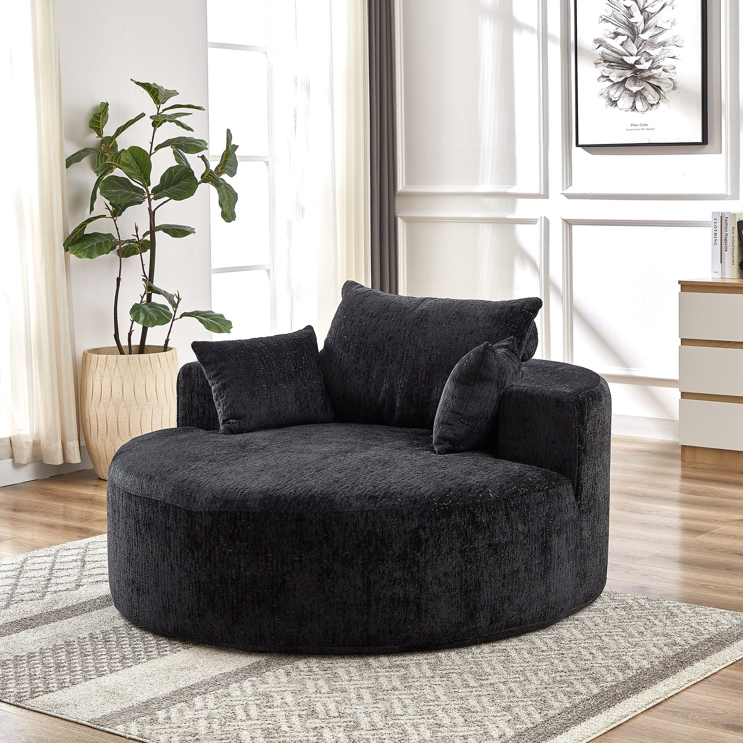 Canapé-lit simple rond en chenille noire avec coussin de dossier