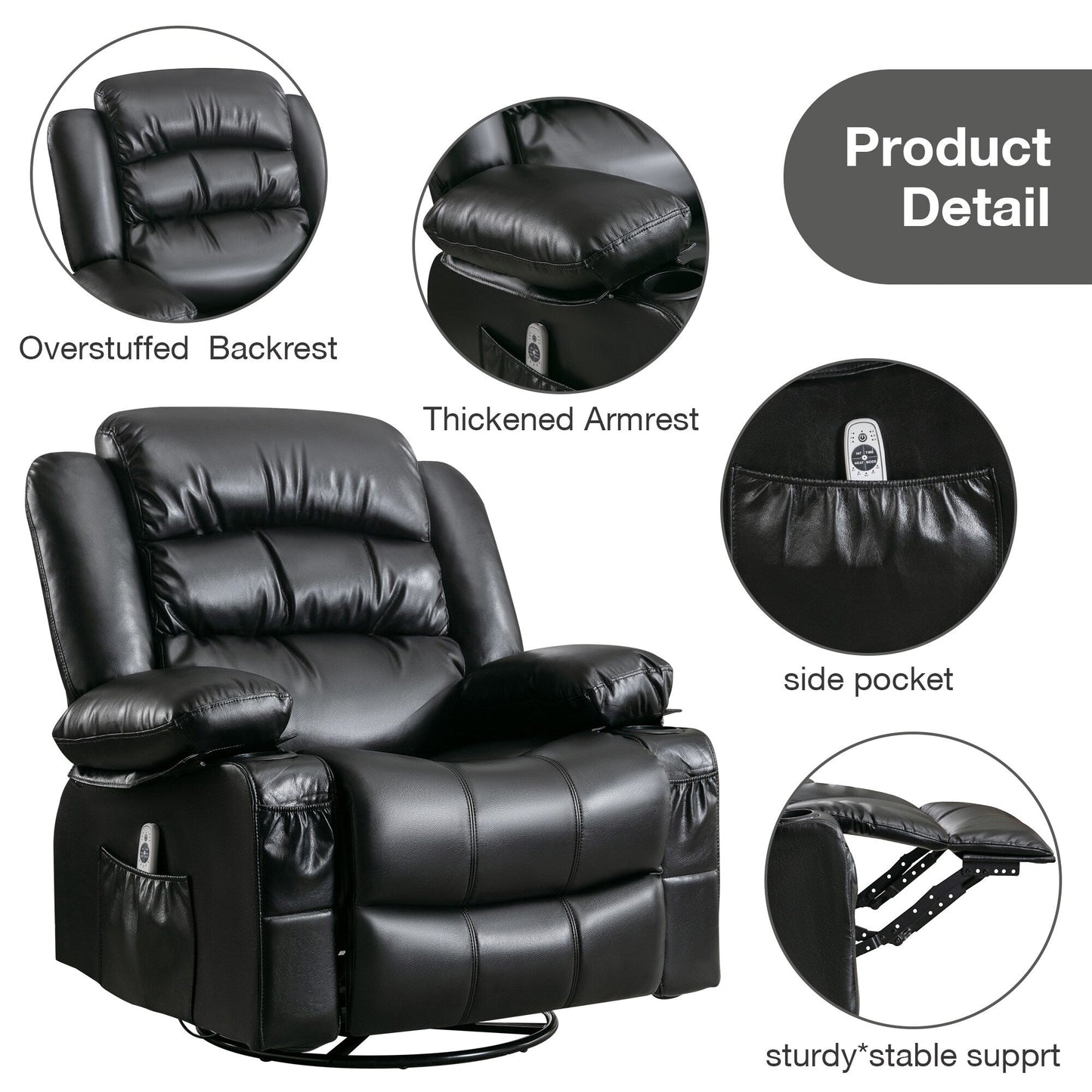 Fauteuil inclinable pivotant noir avec chauffage, massage et ports USB