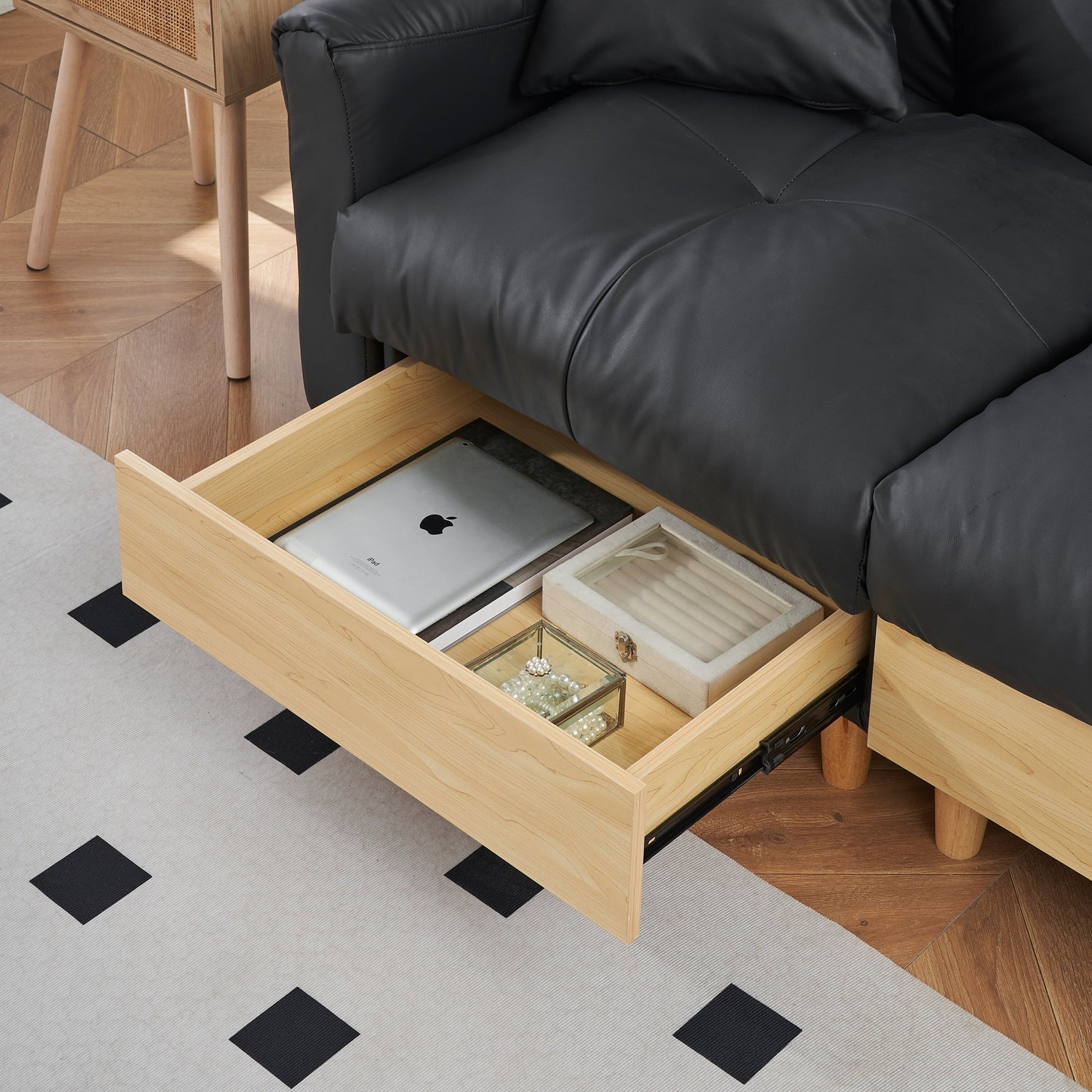 Canapé-lit 3 places rembourré en tissu technique noir moderne 84,64 avec oreillers, siège de rangement et tiroir