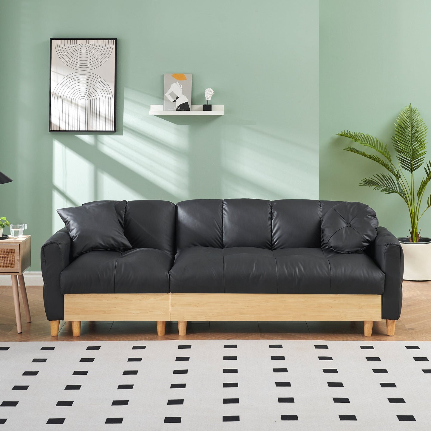 Canapé-lit 3 places rembourré en tissu technique noir avec rangement et tiroir