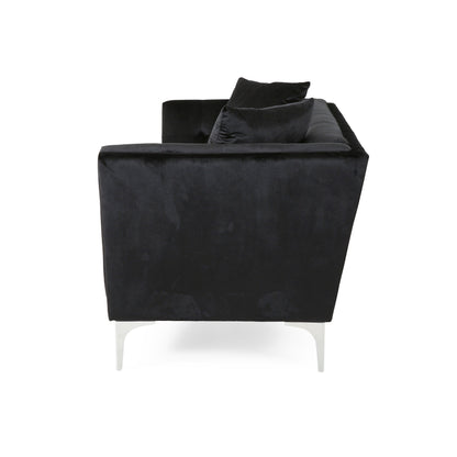 Canapé 3 places en velours noir avec coussins et structure robuste