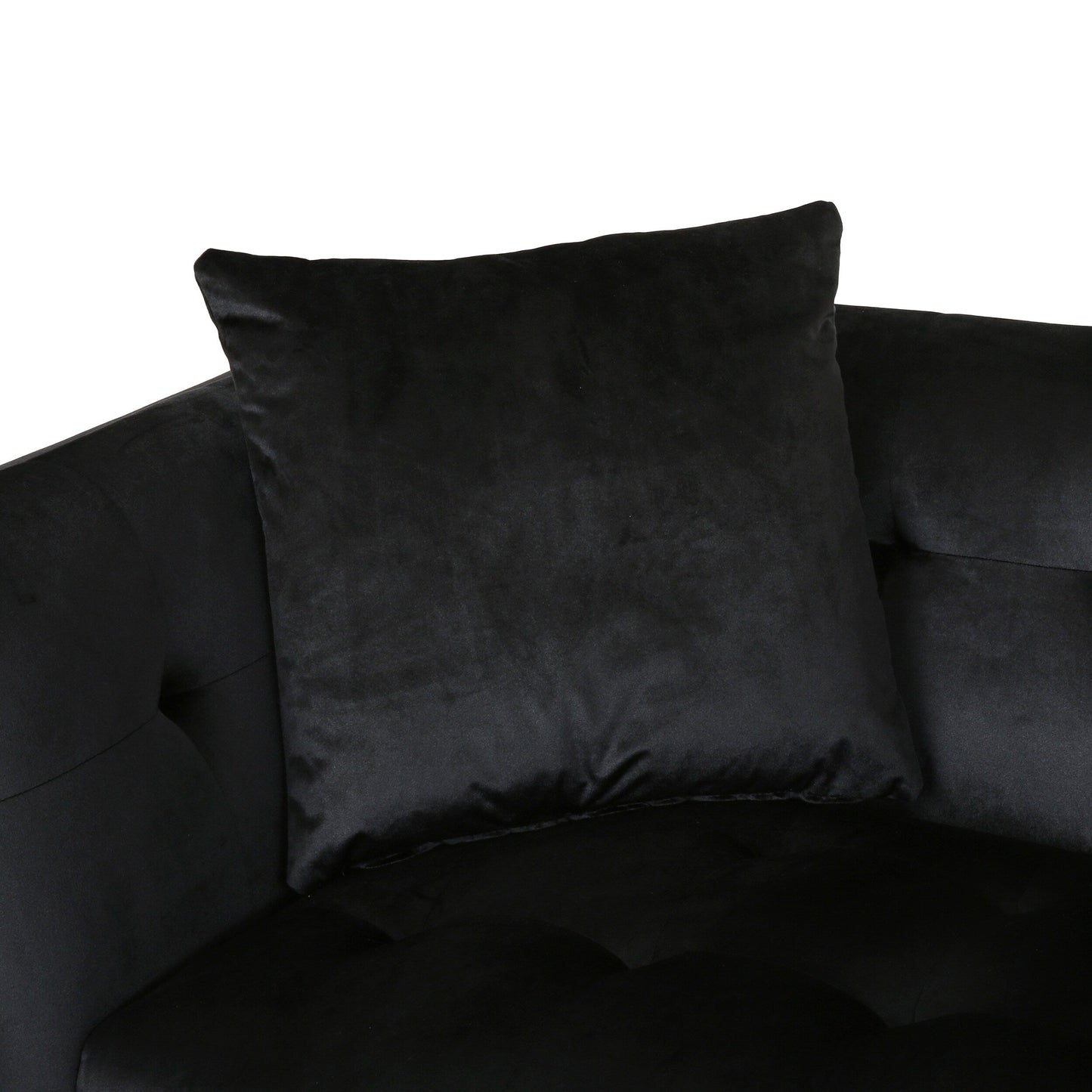 Canapé 3 places en velours noir avec coussins et structure robuste