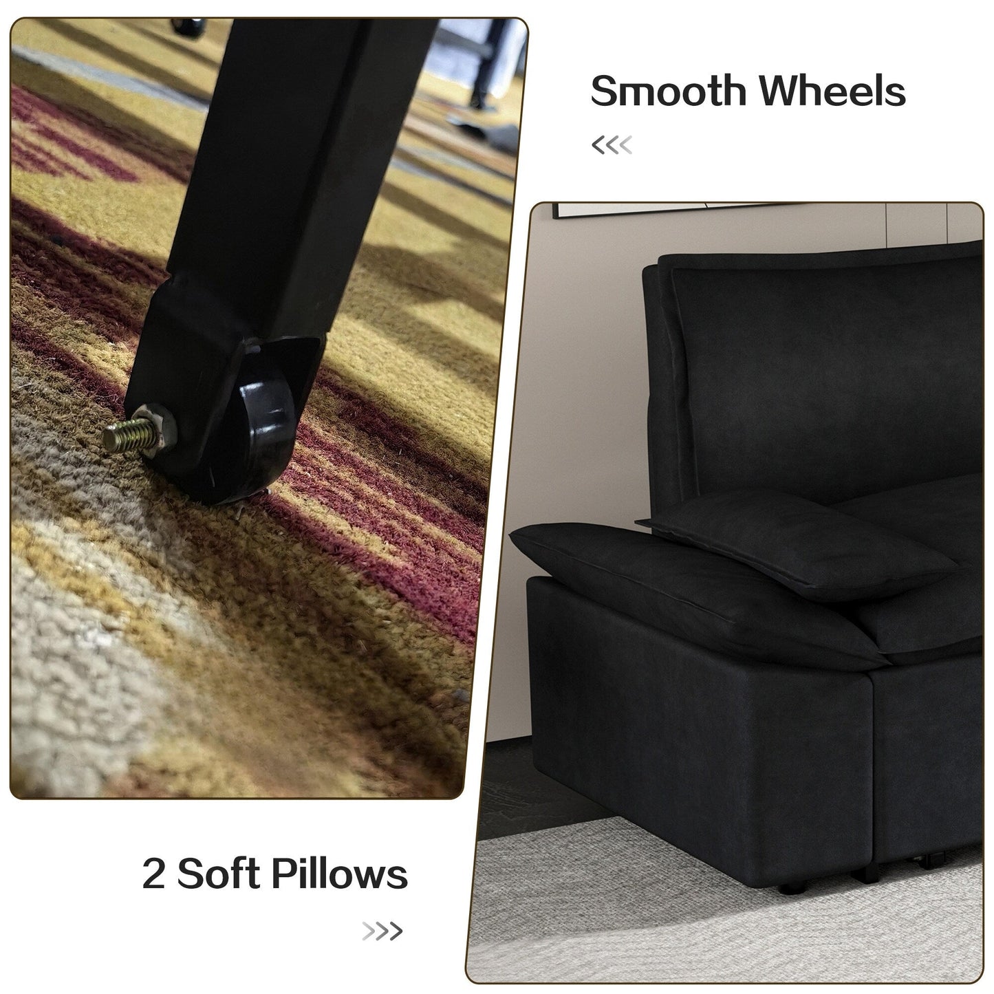 Canapé-lit gigogne en velours noir avec oreillers moelleux