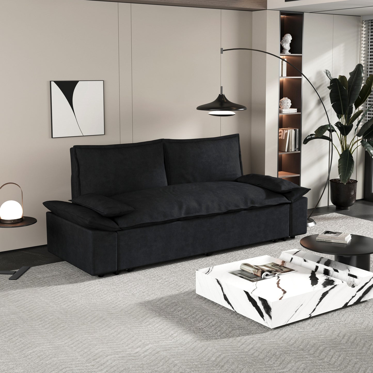 Canapé-lit gigogne en velours noir avec oreillers moelleux