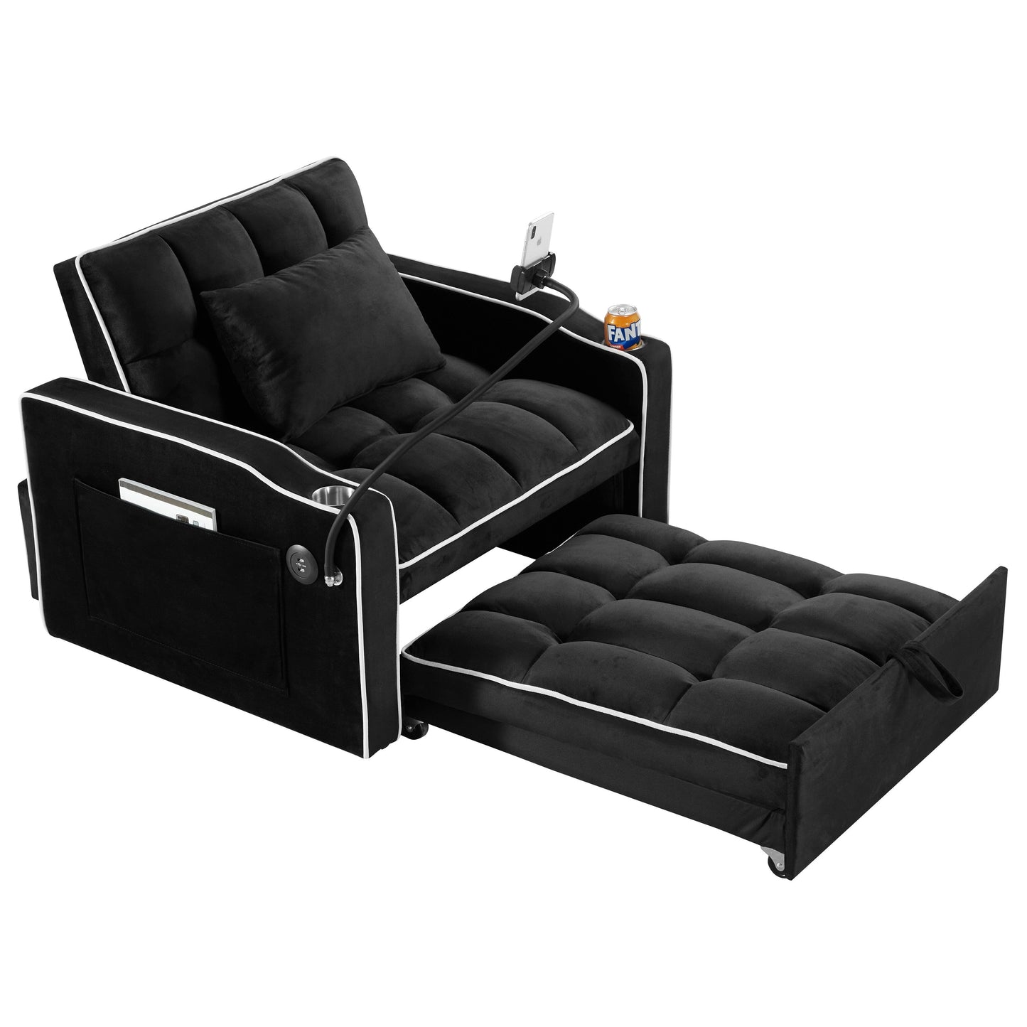Canapé-lit simple convertible en velours noir avec port de chargement USB