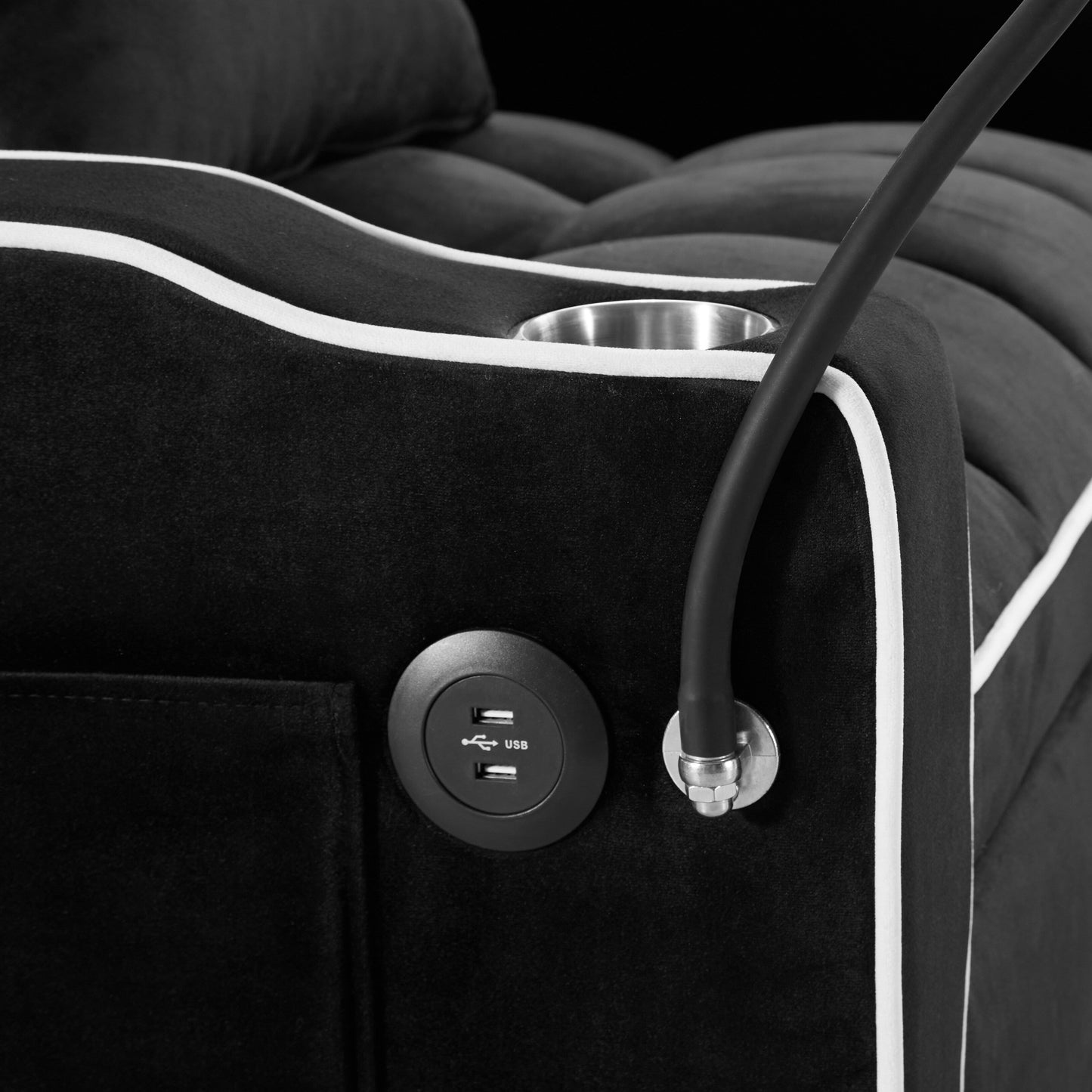 Canapé-lit simple convertible en velours noir avec port de chargement USB