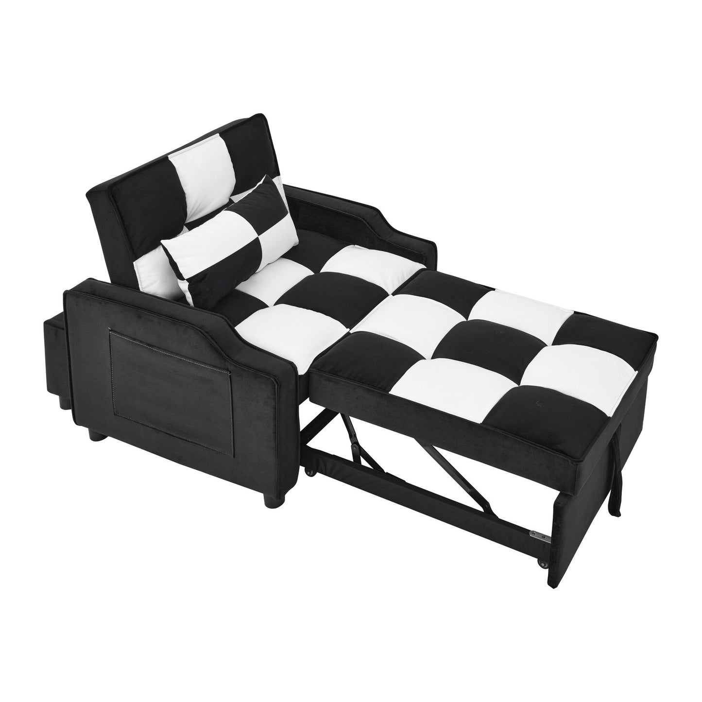 Canapé-lit simple convertible en velours noir et blanc de 35,5 pouces avec lit gigogne, poche de rangement et oreillers