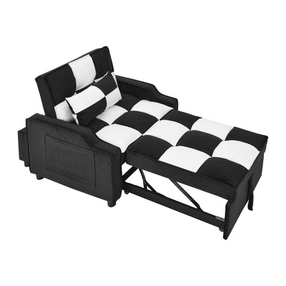 Canapé-lit simple convertible en velours noir et blanc de 35,5 pouces avec lit gigogne, poche de rangement et oreillers