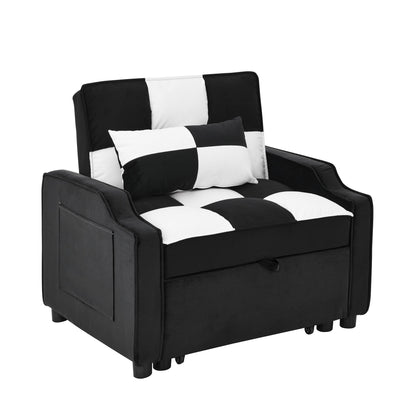 Canapé-lit simple convertible en velours noir et blanc de 35,5 pouces avec lit gigogne, poche de rangement et oreillers