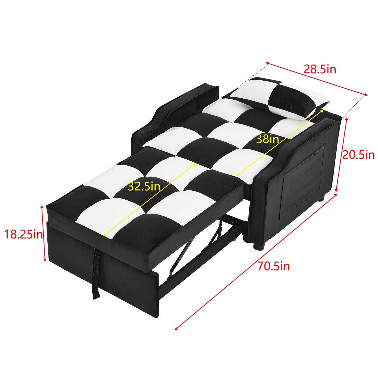 Canapé-lit simple convertible en velours noir et blanc de 35,5 pouces avec lit gigogne, poche de rangement et oreillers