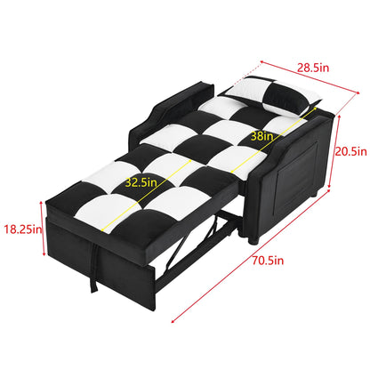 Canapé-lit simple convertible en velours noir et blanc de 35,5 pouces avec lit gigogne, poche de rangement et oreillers