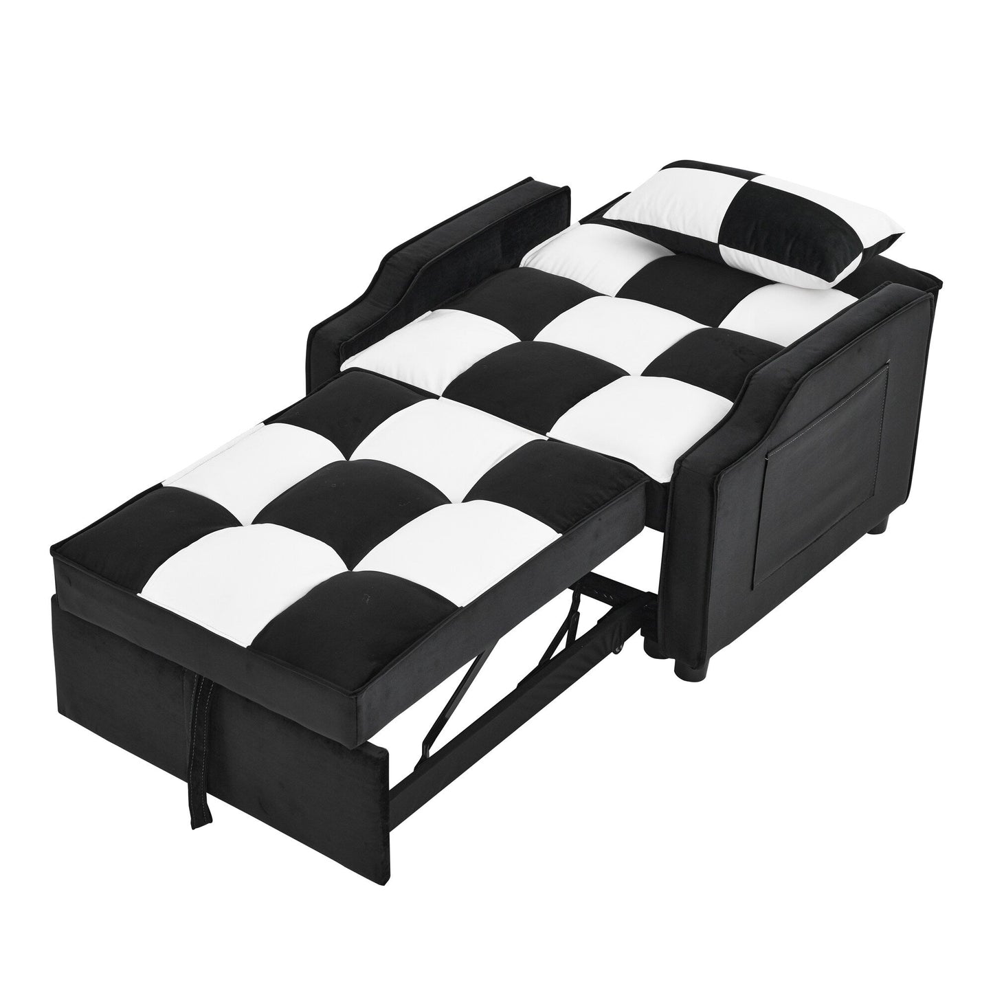 Canapé-lit simple convertible en velours noir et blanc de 35,5 pouces avec lit gigogne, poche de rangement et oreillers