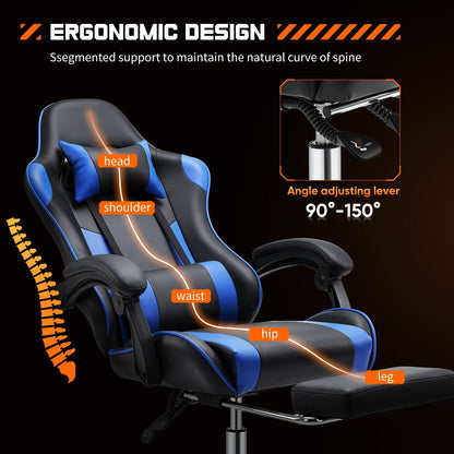 Fauteuil de jeu ergonomique pivotant à 360° en cuir PU noir et bleu avec repose-pieds, appui-tête, soutien lombaire et hauteur réglable