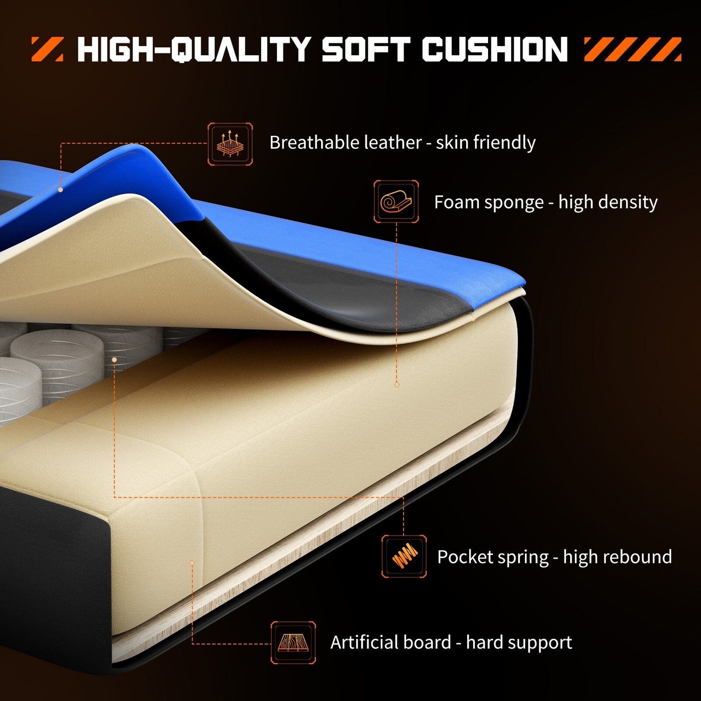 Fauteuil de jeu ergonomique pivotant à 360° en cuir PU noir et bleu avec repose-pieds, appui-tête, soutien lombaire et hauteur réglable