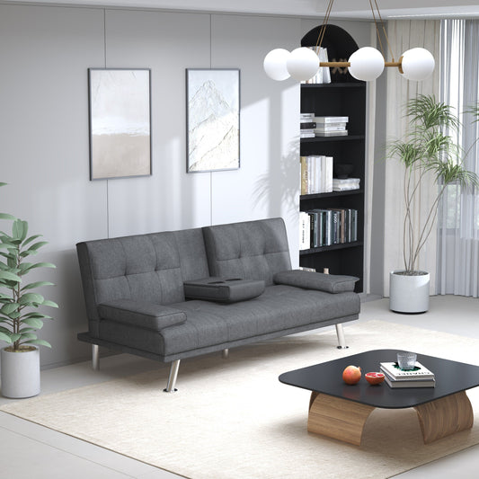 Canapé-lit 66 places rembourré noir et gris avec 2 porte-gobelets et pieds en acier inoxydable pour le salon