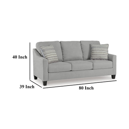 Canapé Blaire, polyester gris, 2 coussins décoratifs, bois noir, 203 cm