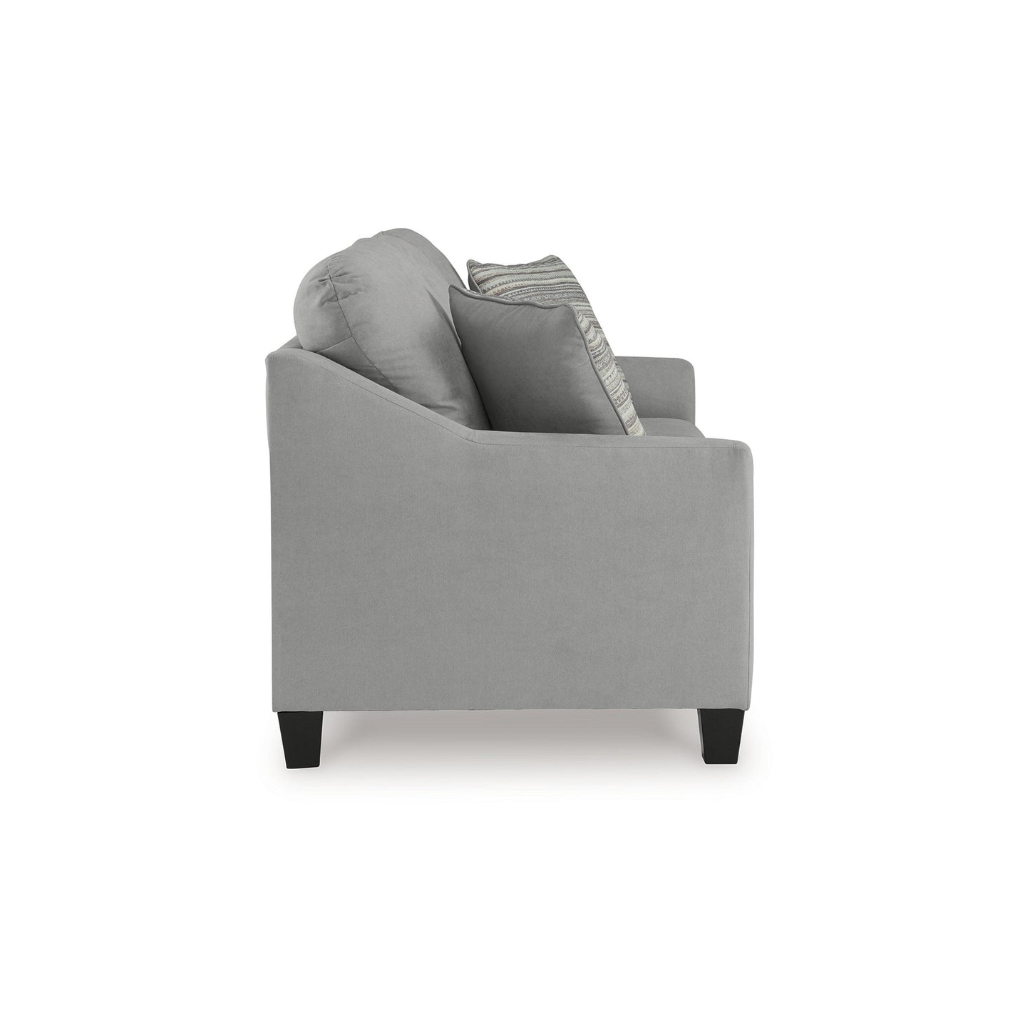 Canapé Blaire, polyester gris, 2 coussins décoratifs, bois noir, 203 cm