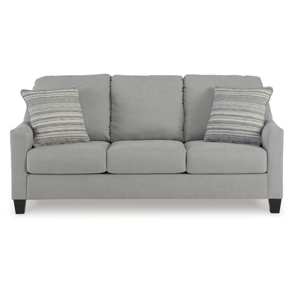 Canapé Blaire, polyester gris, 2 coussins décoratifs, bois noir, 203 cm