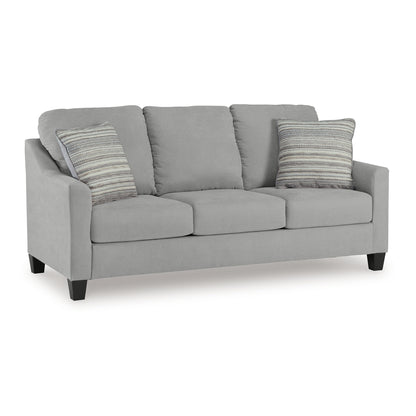 Canapé Blaire, polyester gris, 2 coussins décoratifs, bois noir, 203 cm