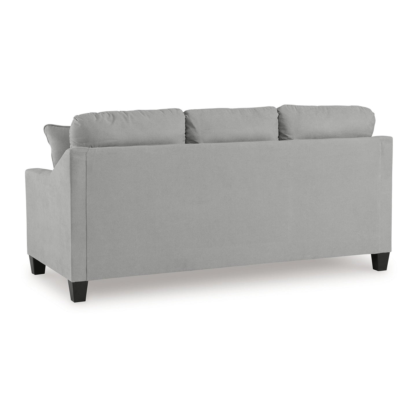 Canapé Blaire, polyester gris, 2 coussins décoratifs, bois noir, 203 cm