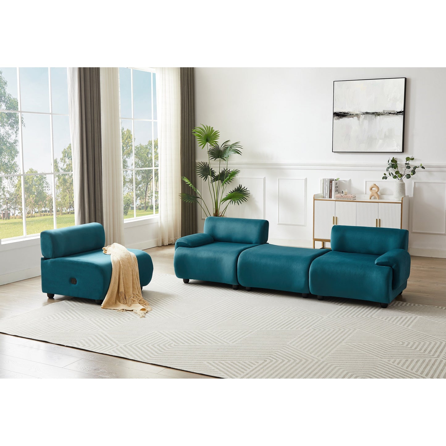 Grand canapé modulaire 3 places Blue 105 avec pouf amovible et assise profonde