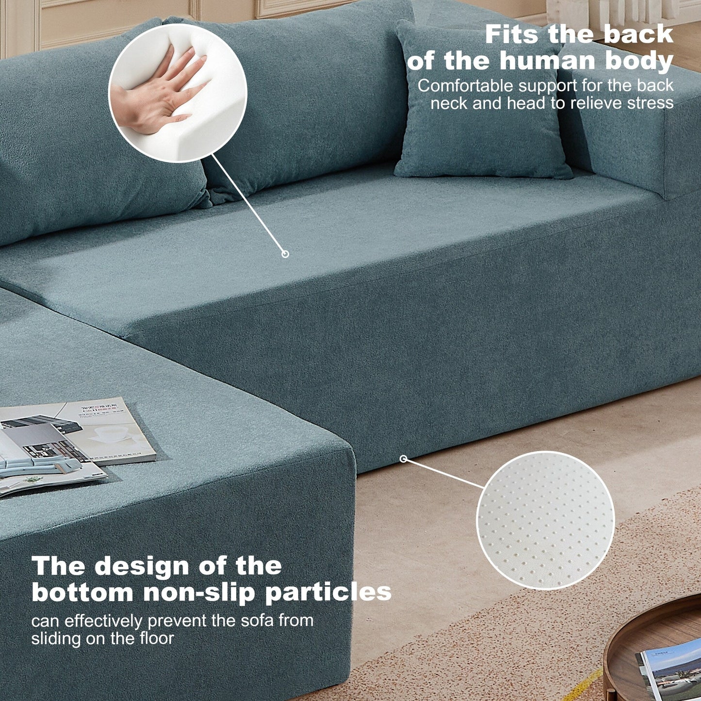 Canapé sectionnel 3 places en forme de L en tissu bleu de 107,48 po avec méridienne et coussins de 16,53 po, combinaison gratuite de 2 pièces