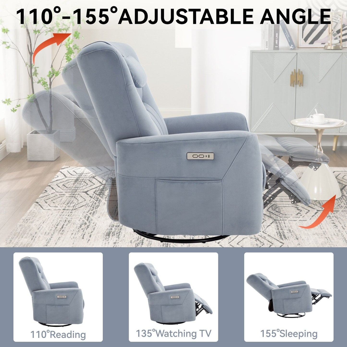 Fauteuil inclinable électrique pivotant à 270° bleu avec support lombaire et pour la tête, 2 poches latérales, ports USB et Type-C