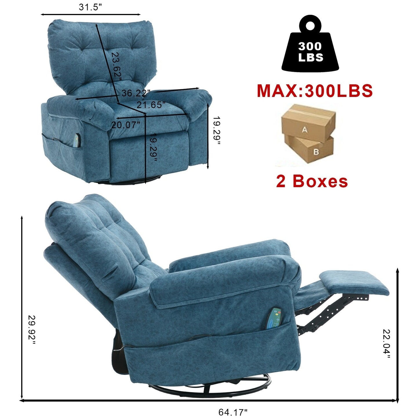 Fauteuil inclinable pivotant à 360° bleu avec massage par vibration, chauffage lombaire et poches latérales