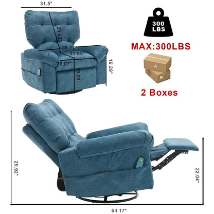 Fauteuil inclinable pivotant à 360° bleu avec massage par vibration, chauffage lombaire et poches latérales