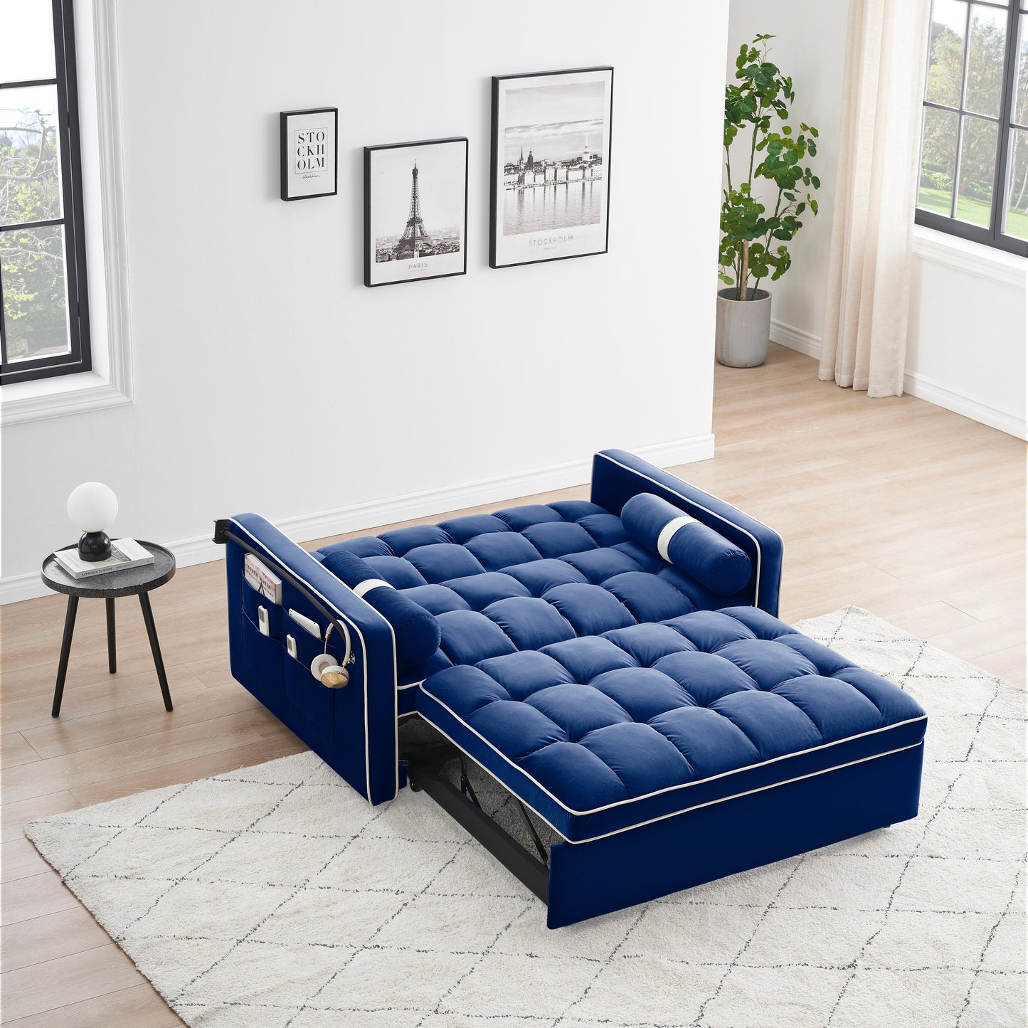 Canapé-lit convertible 2 places en velours bleu de 55 pouces avec lit gigogne, fauteuil inclinable réglable, poches latérales et support pour téléphone