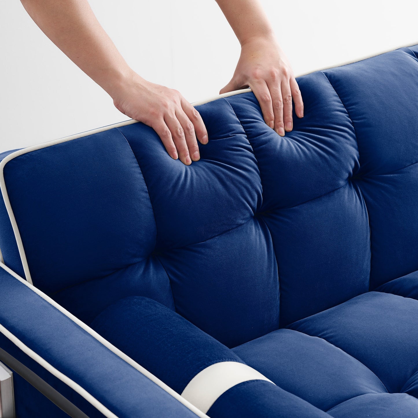 Canapé-lit convertible en velours bleu de 55 pouces pour deux personnes, lit gigogne avec inclinaison réglable, poches latérales et support pour téléphone