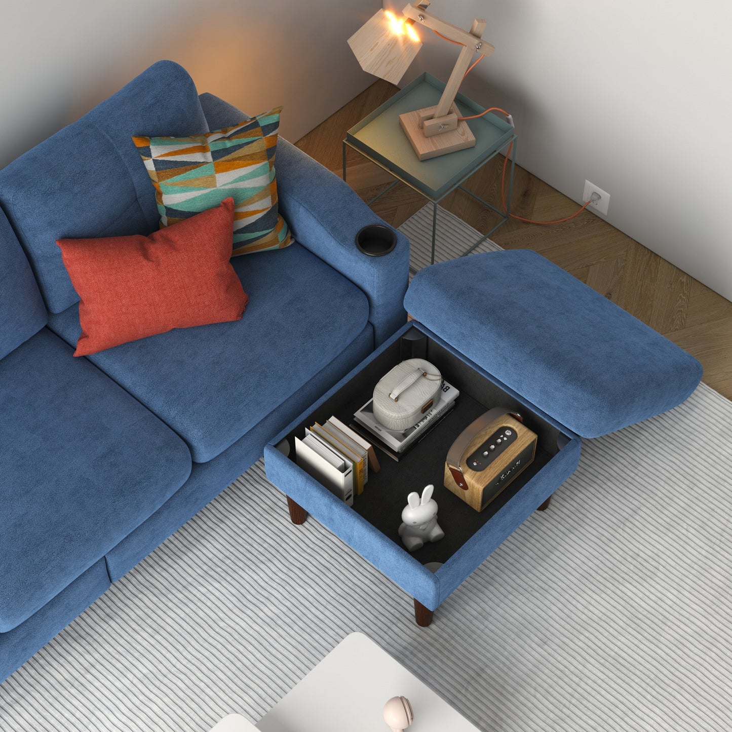 Canapé convertible bleu en L de 78,74 pouces avec pouf de rangement, ports USB et porte-gobelets