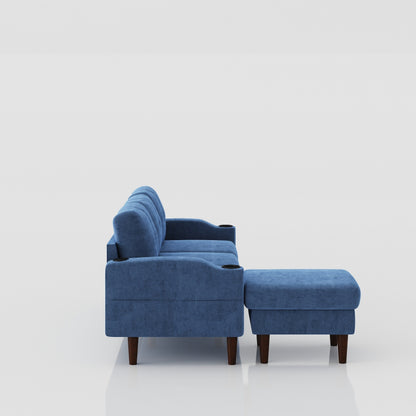 Canapé 3 places en L en tissu bleu 78,74 pouces avec rangement, ottoman, port USB et porte-gobelet, design moderne