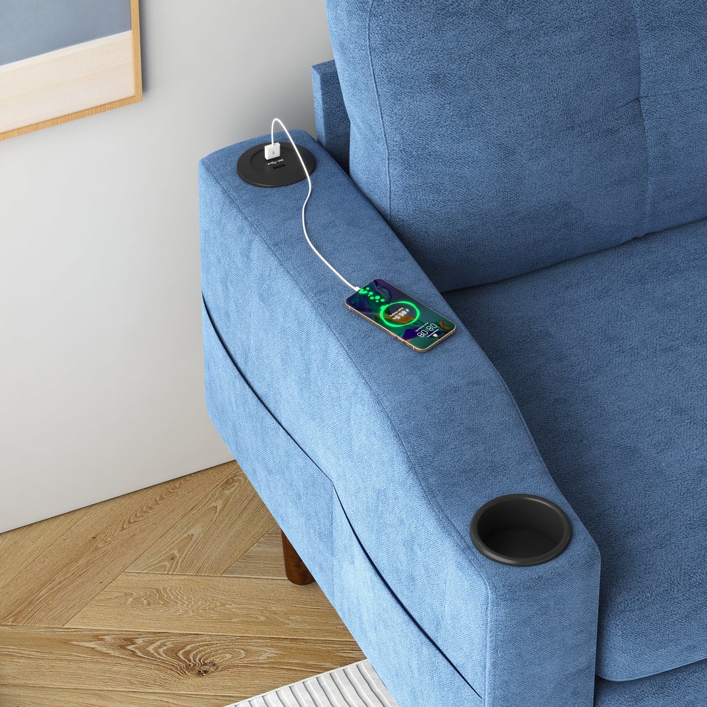 Canapé convertible bleu en L de 78 pouces avec rangement et port USB