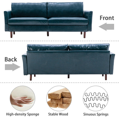 Canapé bleu 80'' en similicuir style milieu du siècle avec cadre en bois, coussins d'assise rembourrés et dossier amovible