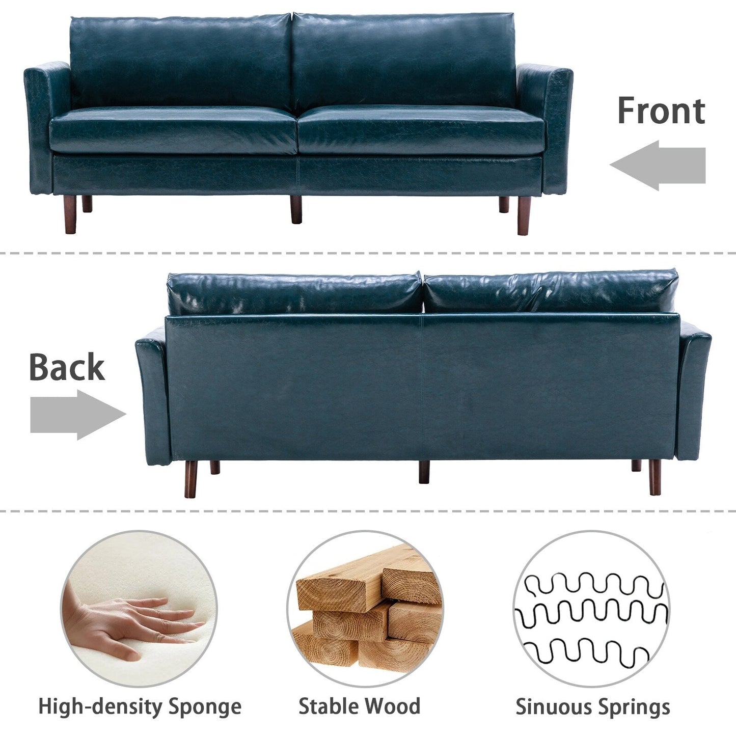 Canapé bleu en similicuir de style milieu de siècle de 80 pouces avec cadre en bois massif