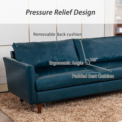 Canapé bleu en similicuir de style milieu de siècle de 80 pouces avec cadre en bois massif, coussins rembourrés et dossier amovible