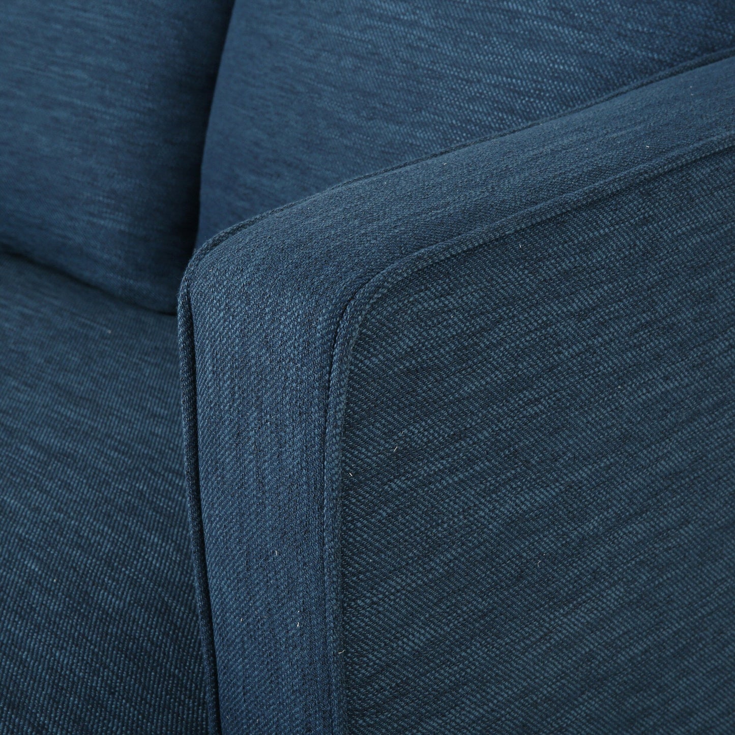 Canapé 3 places bleu en polyester 86 pouces avec dossier capitonné, pieds en bois massif et ressorts ensachés pour un style de vie moderne